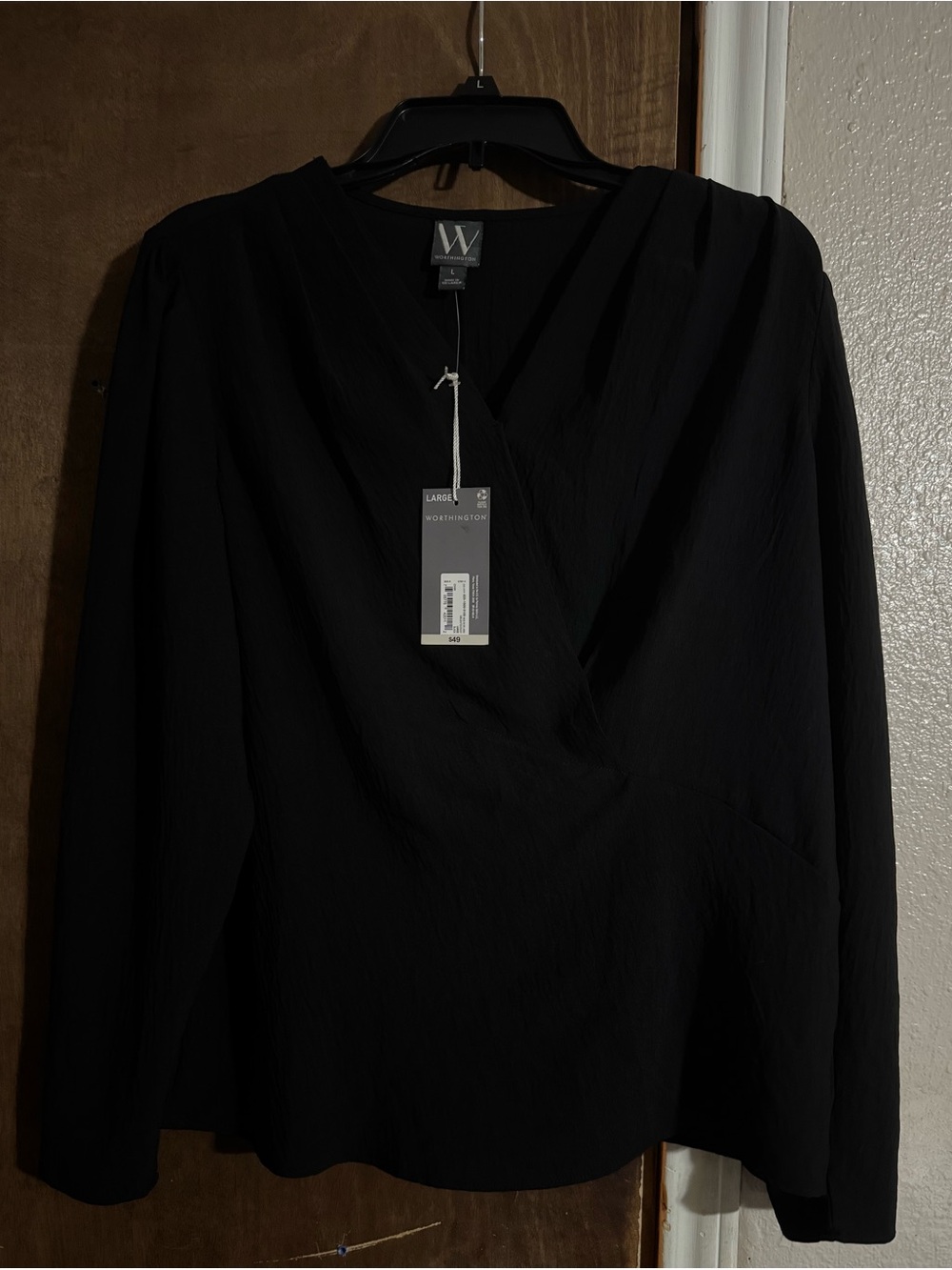 Worthington Black Draped V-Neck Long-Sleeve Blouse